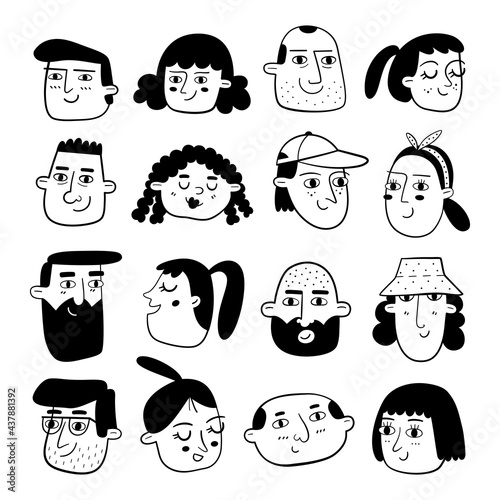 Hand drawn set of people faces in black and white. Portraits of various men and women.
