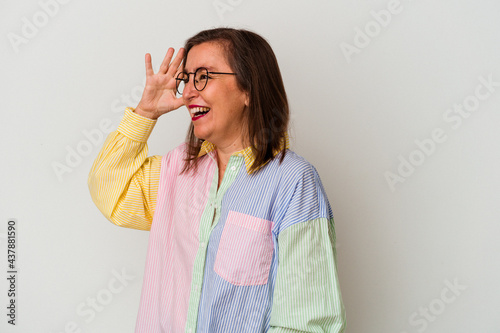 Middle age caucasian woman isolated on white background joyful laughing a lot. Happiness concept.