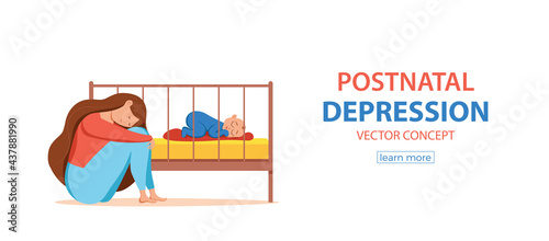 Postpartum depression illustration of sad tired woman near newborn baby sleeping in flat style.