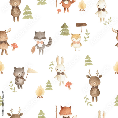 woodland animals watercolor illustration seamless pattern 