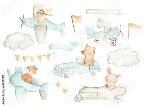 Billede på lærred Cars and planes woodland baby nursery animals watercolor illustration pattern