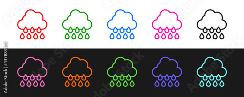 Set line Cloud with rain icon isolated on black and white background. Rain cloud precipitation with rain drops. Vector