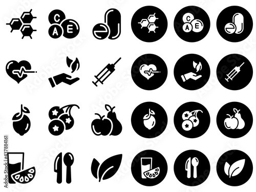 Set of black vector icons, isolated against white background, additional collection on black background. Illustration on a theme Vitamins and supplements. Natural and chemical