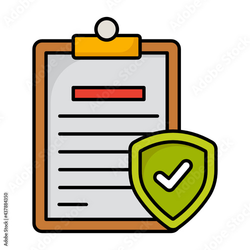Clip Board with Shield Stock illustration, Insurance policy file folder form concept vector color icon Design,  Financial loss Protection Symbol on white background, Risk management Sign, 