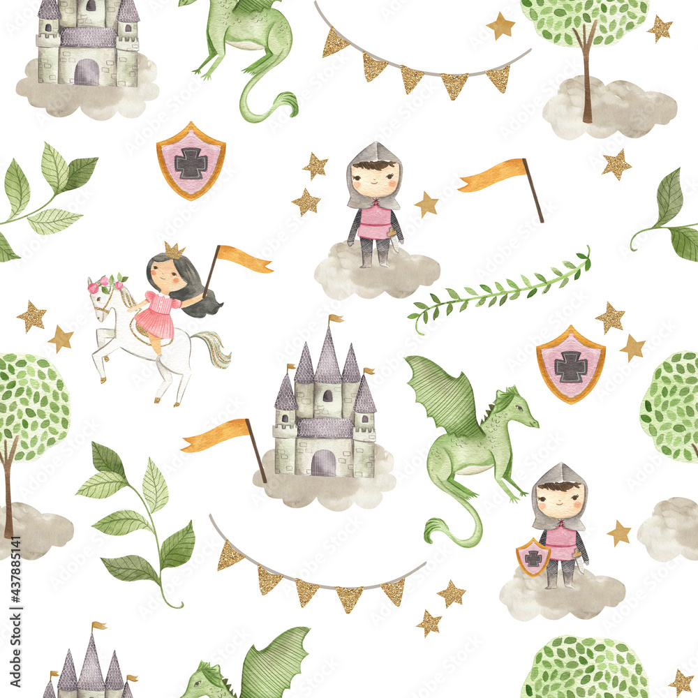 Fairy tale Princess and Knight watercolor illustration seamless  pattern  white  - obrazy, fototapety, plakaty 