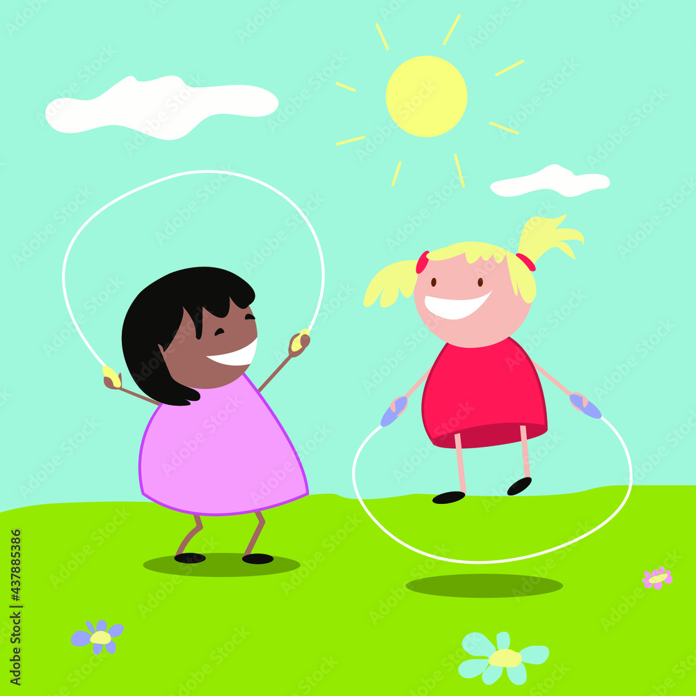 two girls jumping rope with sky and grass background two girls jumping rope with sky and grass background