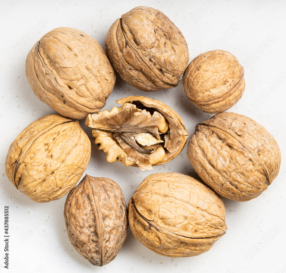 several shelled and whole walnuts close up on gray several shelled and whole walnuts close up on gray