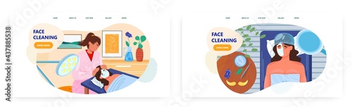Face cleaning landing page design, website banner vector template set. Facial cleansing. Spa beauty treatment, skin care