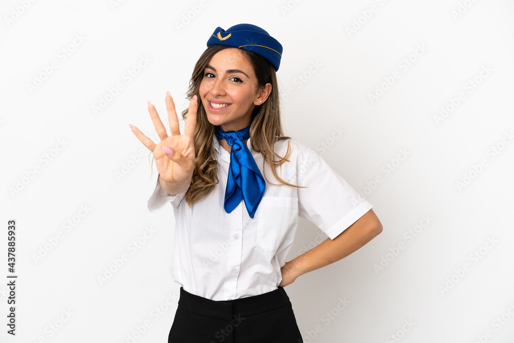 Airplane stewardess over isolated white background happy and counting four with fingers Airplane stewardess over isolated white background happy and counting four with fingers
