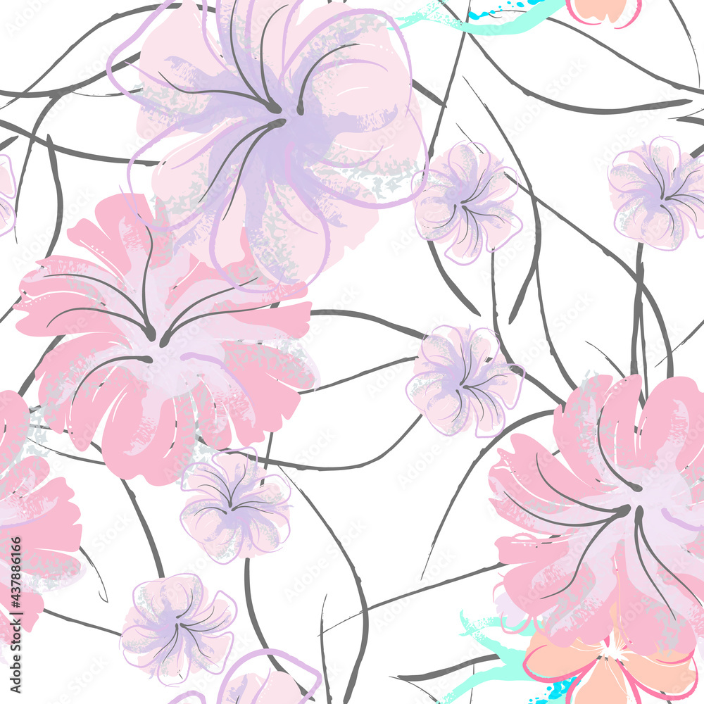 Pink Flowers Blooming Pattern. Pastel Watercolor. Pink Flowers Blooming Pattern. Pastel Watercolor.