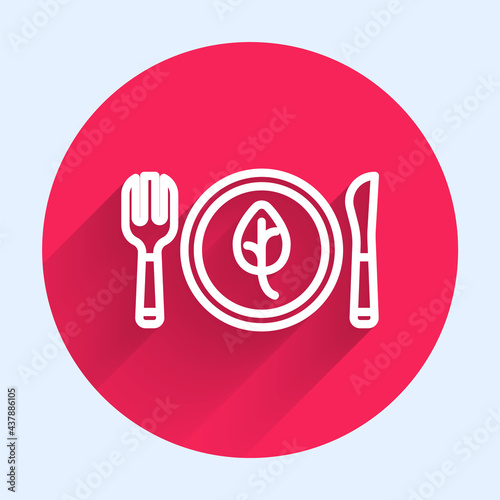 White line Vegan food diet icon isolated White line background. Organic, bio, eco symbol. Vegan, no meat, lactose free, healthy, fresh and nonviolent food. Red circle button. Vector