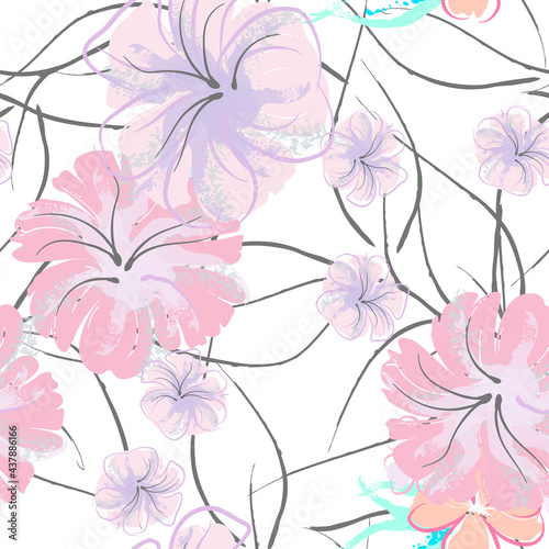 Pink Flowers Blooming Pattern. Pastel Watercolor.