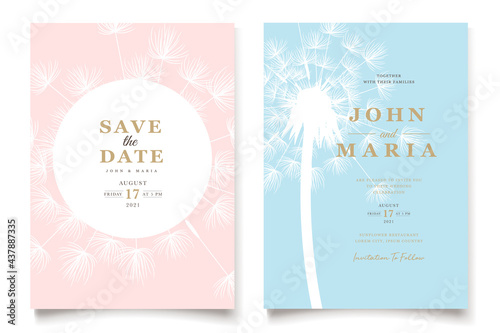 Save the date template in pastel colors with white transparent fluffy dandelions. Elegant wedding invitation