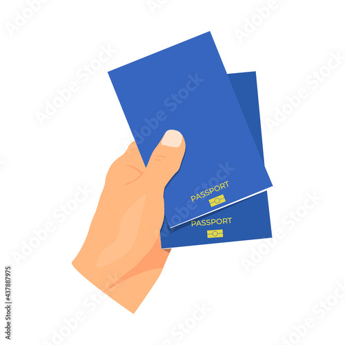 A citizen holding a passport in his hand. Two passports in hand. A man holds two passports in his hand. Flat style. Vector