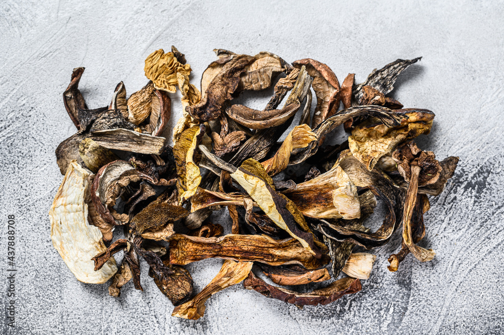 Mixed wild dried mushrooms. White background. Top view