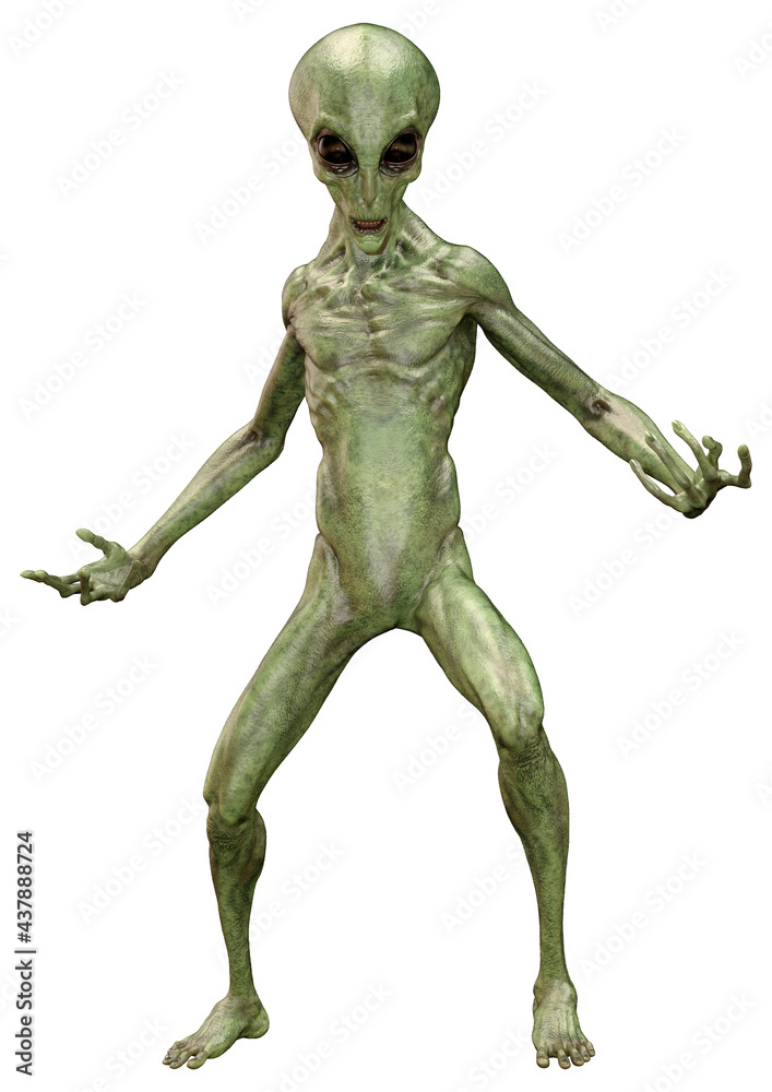 3D Rendering Green Alien on White 3D Rendering Green Alien on White
