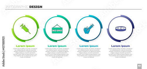 Set Syringe, No GMO, Genetically modified apple and Petri dish with bacteria. Business infographic template. Vector