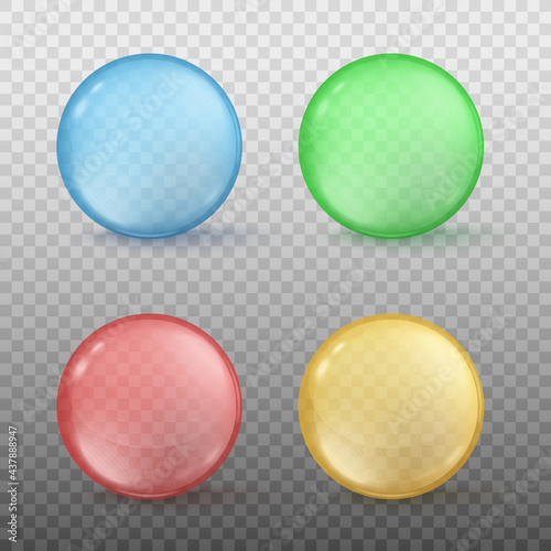 Glass transparent spheres, colored shiny balls or round glossy beads