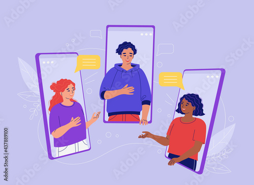Young people are talking on a video call via a smartphone. Concept of remote online communication of diverse friends on the network, teamwork of colleagues, meeting of friends. Vector illustration