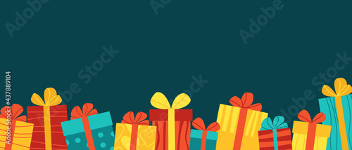 Multicolored gift boxes with bows on a dark background, template for a postcard, banner, invitation. Gifts for birthday, christmas, sale, giveaway. Isolated vector illustration.