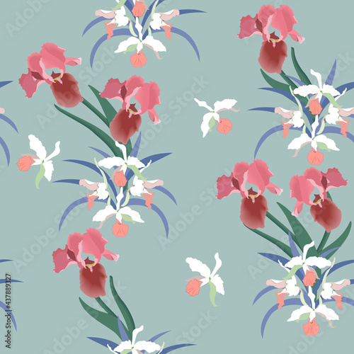 Seamless vector illustration with flowers of orchids and iris.