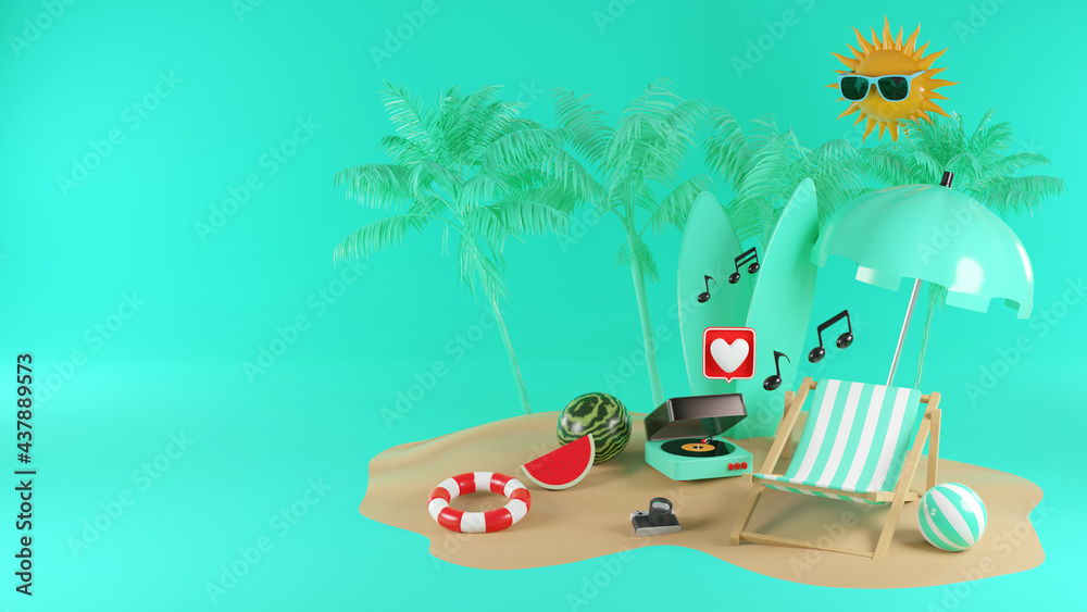 3D illustration of Summer music player on beach. 3d rendering.