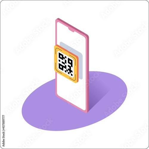 Phone mocup and link qr code. 3d isometric vector illustration.