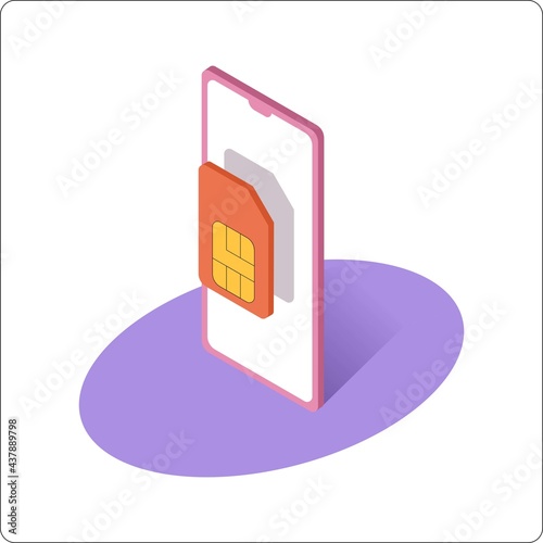 Phone mockup and sim card. 3d isometric vector illustration.