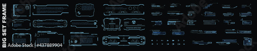 Big set frames or screens with information. Transparent screens on black background in the style of HUD, GUI, UI. User interface computer game