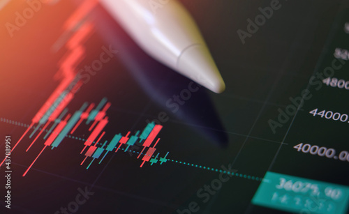 Photography Analysis of business chart and online data in financial volatile market with dig