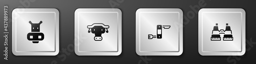 Set Hippo or Hippopotamus, African buffalo head, Swiss army knife and Binoculars icon. Silver square button. Vector