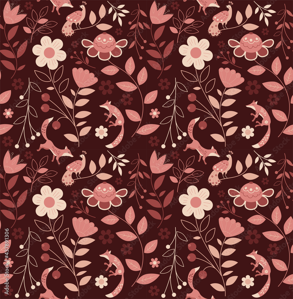 Fototapeta premium vector seamless pattern of ethnic foxes, bird and nature in orange palette