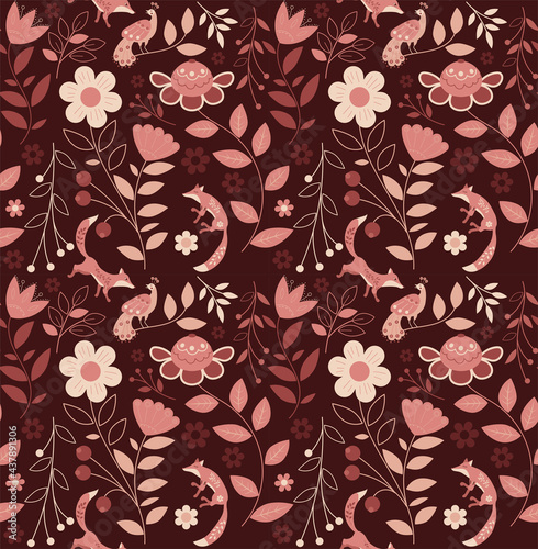 vector seamless pattern of ethnic foxes, bird and nature in orange palette