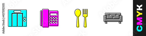 Set Lift, Telephone handset, Fork spoon and Sofa icon. Vector