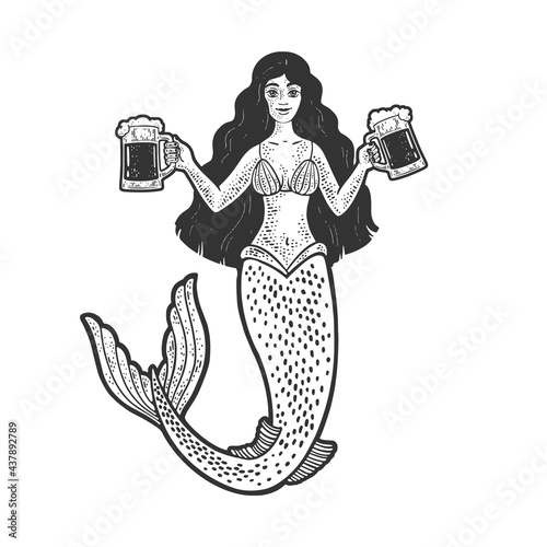 mermaid with glasses of beer line art sketch engraving vector illustration. T-shirt apparel print design. Scratch board imitation. Black and white hand drawn image.