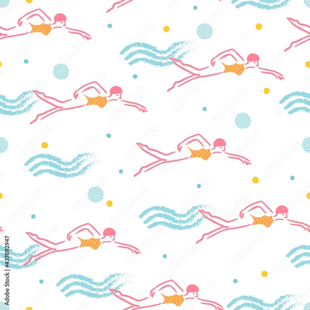 Abstract Seamless Pattern with Swimming Girl in the Water Vector Illustration