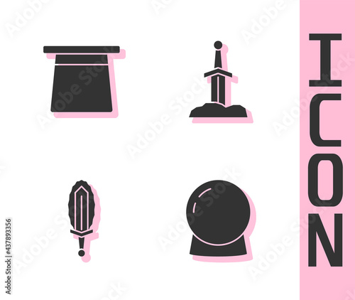 Set Magic ball, hat, sword in fire and Sword the stone icon. Vector