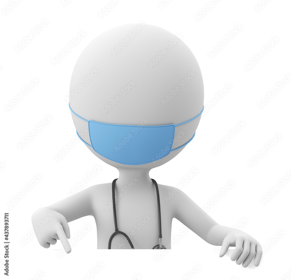 Cartoon character doctor in a blue mask points to a blank white board. Cartoon character doctor in a blue mask points to a blank white board.