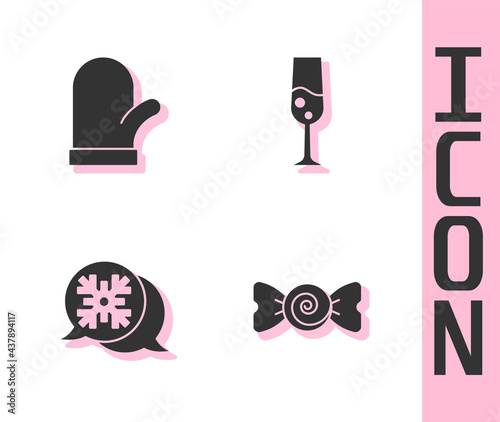 Set Candy, Christmas mitten, Snowflake speech bubble and Glass of champagne icon. Vector