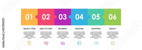Concept of shopping process with 6 successive steps. Six colorful graphic elements. Timeline design for brochure, presentation, web site. Infographic design layout.