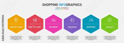 Concept of shopping process with 6 successive steps. Six colorful graphic elements. Timeline design for brochure, presentation, web site. Infographic design layout.