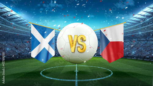 Scotland vs Czech Republic UEFA. Soccer concept. White soccer ball with the flag in the stadium, 2021. 3d render