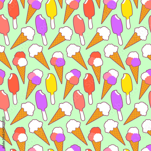 Ice cream seamless pattern cute ice cream in waffle cone and ice cream bar on grey background