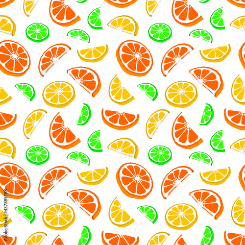 Fruit citrus seamless pattern orange lemon and lime slices flat illustration