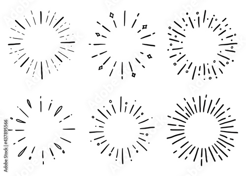 Hand drawn set of sunburst shine ray and sparkle. Doodle sketch style. Circle burst of sun, star. Vector illustration.