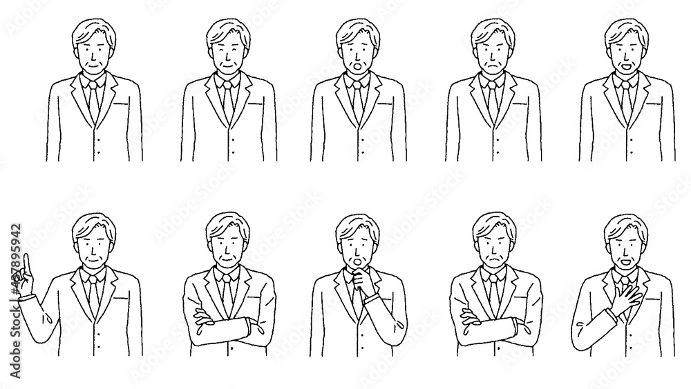 シンプルなタッチ　シニアビジネスマンのイラストレーションセット
