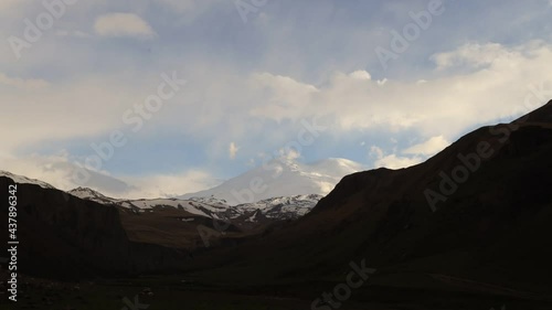 Timelapse 4k, Full HD, Elbrus And Green Hills with road. Dzhili-Su, Republic of Kabardino-Balkaria, North Caucasus, Russia.