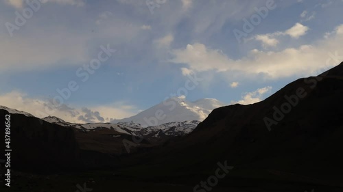 Timelapse 4k, Full HD, Elbrus And Green Hills with road. Dzhili-Su, Republic of Kabardino-Balkaria, North Caucasus, Russia.
