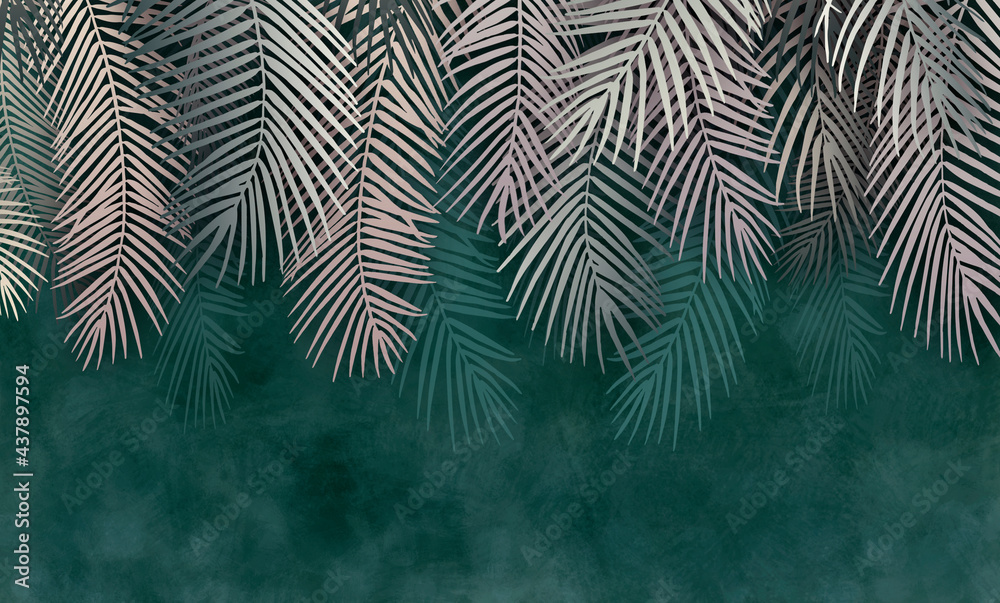 Palm leaves, palm branches, abstract drawing, tropical leaves. - obrazy, fototapety, plakaty 
