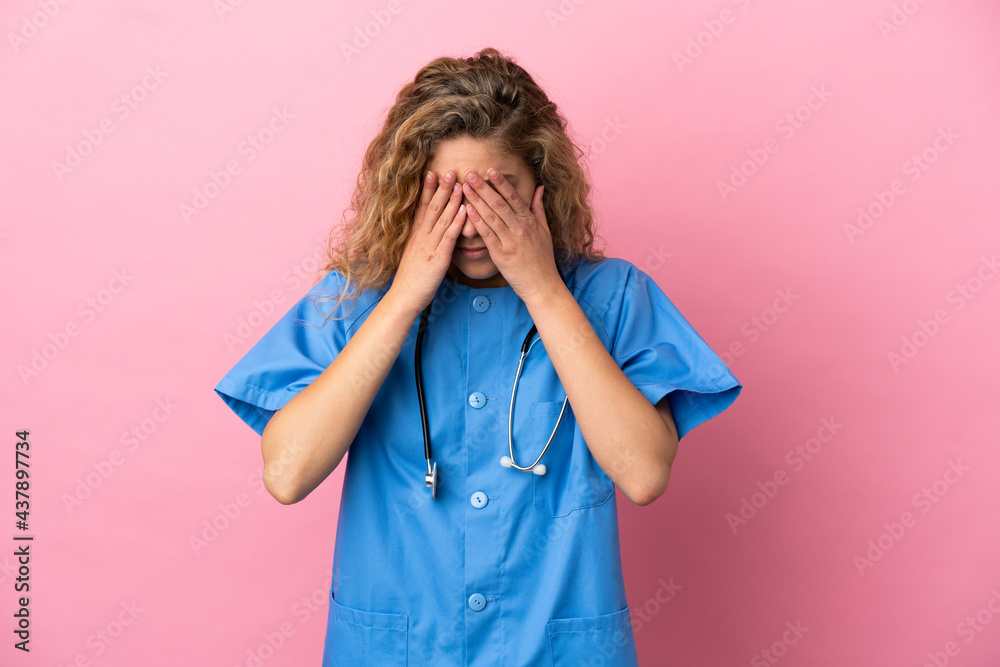 Young surgeon doctor woman isolated on pink background with tired and sick expression Young surgeon doctor woman isolated on pink background with tired and sick expression